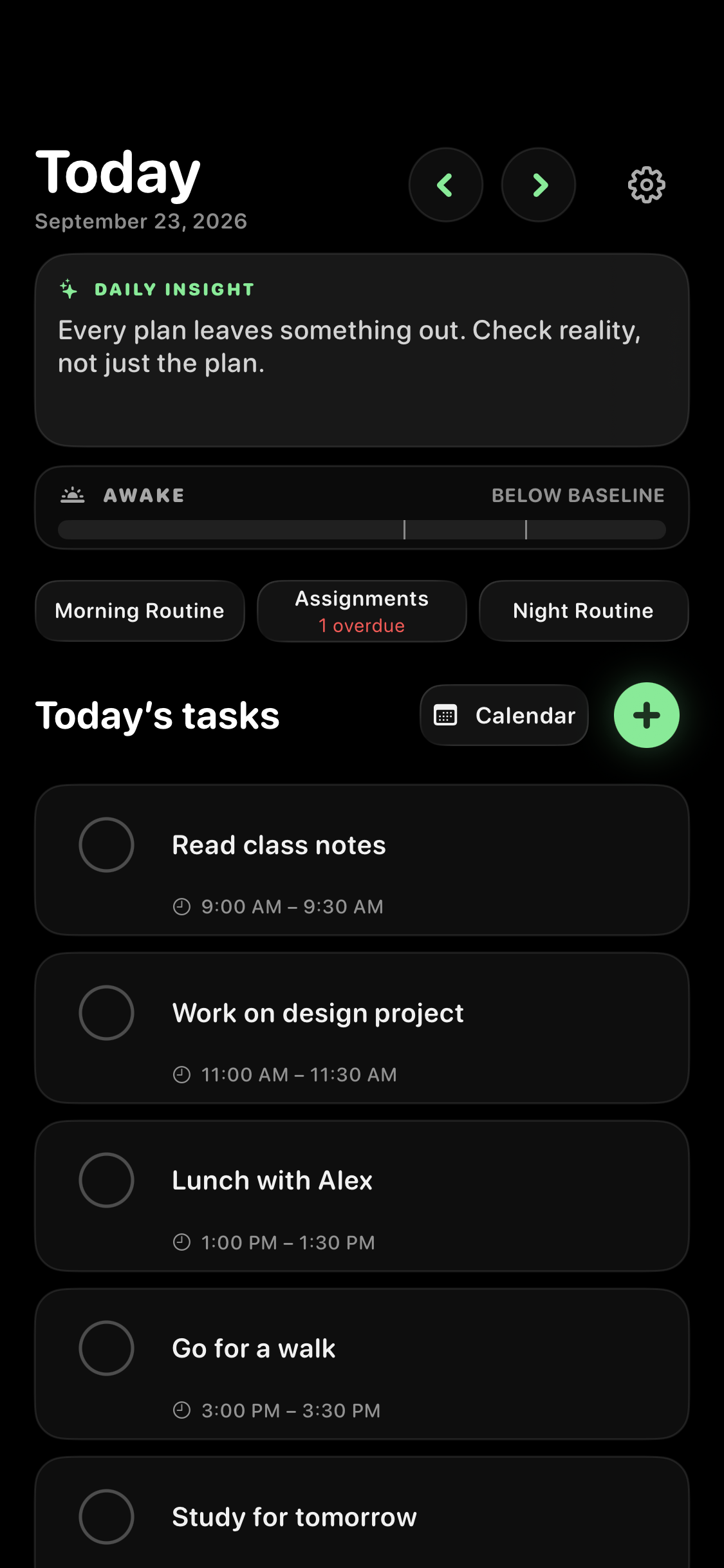 Clarity’s actual daily tasks and routines screen